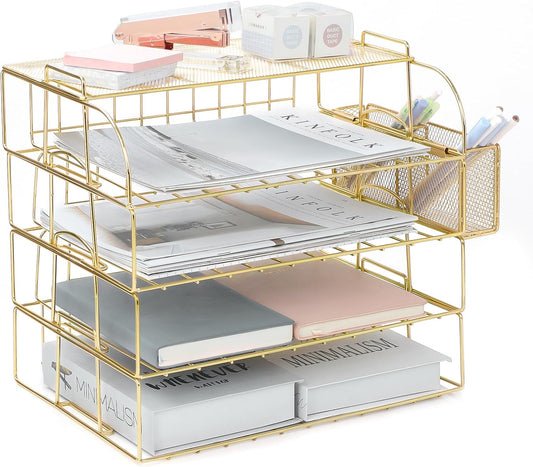 TNELTUEB 6 Tier Stackable Letter Tray, Rose Gold File Organizer Desk Organizers and Accessories for Women with 1 Upper Display Shelf for School