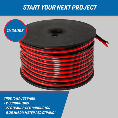 16 Gauge Wire (16 AWG) - 100 Foot, Pure Copper, Stranded Electrical Wiring for Speaker, Automotive, Trailer, Stereo and Home Theater Applications - Red/Black